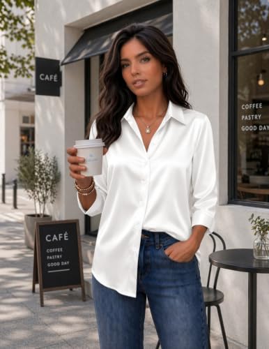 Image of Zeagoo Womens Satin Blouses Button Down Shirts 3 /4 Sleeve Dressy Tops S-2XL