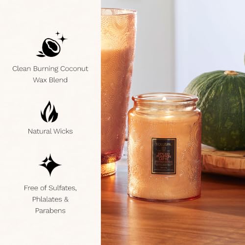 Image of Voluspa Spiced Pumpkin Latte Large Scented Candle Jar 18 Oz, 100 Hr Burn | Coconut Wax Blend in Decorative Glass, Clean Even Burn, USA Handcrafted Gift for Hosts, Fragrance Lovers & Relaxed Rooms
