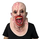 Casco realista de zombi sangriento de boca abierta, creando un ambiente de terror de Halloween.