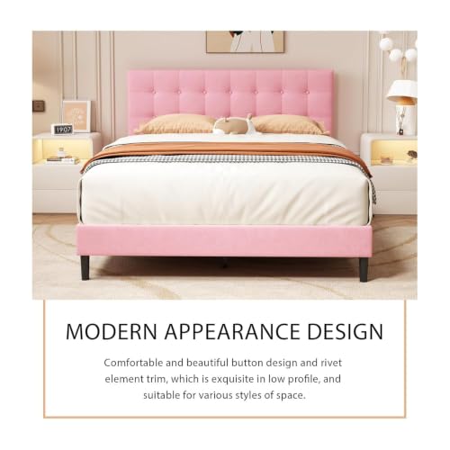 Image of HITHOS Solid Wood Single Size Modern Upholstered Bed Without Storage Wooden Single Cot Bed for Bedroom Living Room Home (Pink)