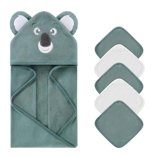 Image of SYNPOS Baby Hooded Bath Towels, Newborn Boys Girls Soft Animal Hoodie Towel with 5 Washclothes, Absorbent and Non-Balling Cotton Bath Blanket for Toddler, Infant (Koala, 30.00" x 30.00")