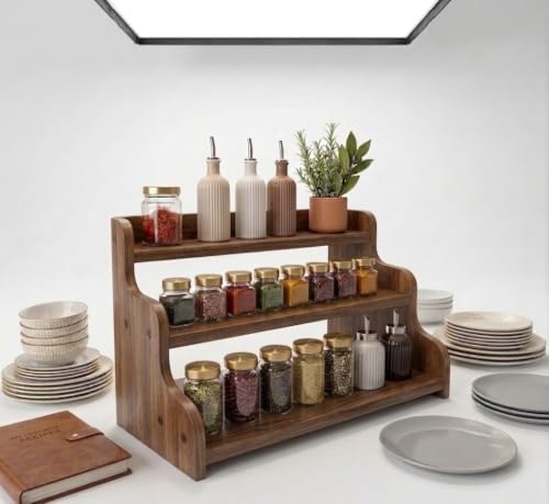 Image of 3-Tier Spice Rack, 13.8 Inch Wood Spice Bottles, Jars, Seasonings, Baking Supplies, Shelf Countertop Spice Storage Holder, Kitchen Pantry Cabinet Organizer Cupboard (BROWN)