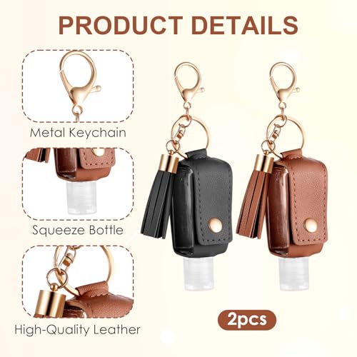 Grevosea 2Pcs Hand Sanitizer Holder, 30ml Portable Leather Hand Sanitizer Travel Size Keychain Empty Squeeze Bottles Refillable Container for Toiletry Lotion Liquid Soap Shampoo (Black+Brown)3
