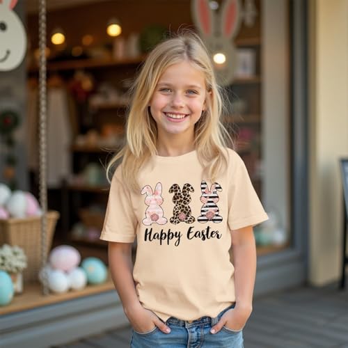 MODNTOGA Girls Happy Easter Shirt Big Kids Easter Outfit Leopard Bunny Graphic T-Shirt Cute Rabbit Print Short Sleeve Tee Top2