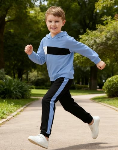 Image of KIDLAGA Toddler Boy Clothes Long Sleeve Hoodie Sweatsuits Tops and Pants Boys Fall Winter Color Block Outfits Set 5-12 Years