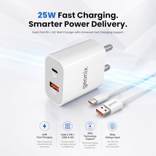 Image of Geonix Atomic AC25 25W PD + QC Fast Charger with 1M Type-C Cable| Dual Port USB-C Power Delivery| Simultaneous Charging | Compact Travel Adapter|Universal Compatibility (White)
