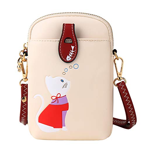 Small Crossbody Bag for Women Leather Lightweight Cute Cat Cell Phone Purse with Crossbody Strap Off-white