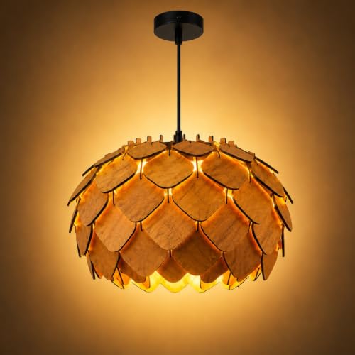 Image of MoonlitDreams Wooden Pendant Lamp for Ceiling | Handcrafted Hanging Chandelier Light | Rustic Wooden Ceiling Light for Living Room, Dining Area, Cafe & Home Decor