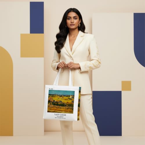 Image of Artsy Canvas Tote Bag for Women | Zipper Closure, Bottle Holder & Keychain Hook | Premium Cotton Canvas Bag for Travel, College, Office | Reusable Shopping Tote Bag Gift