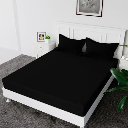 Image of Kuber Industries Double Bedsheet with 2 Pillow Covers | 144 TC Glace Cotton Bedsheet | Satin Striped Bedsheet for Home | Bedroom | 90x100 Inch | Black