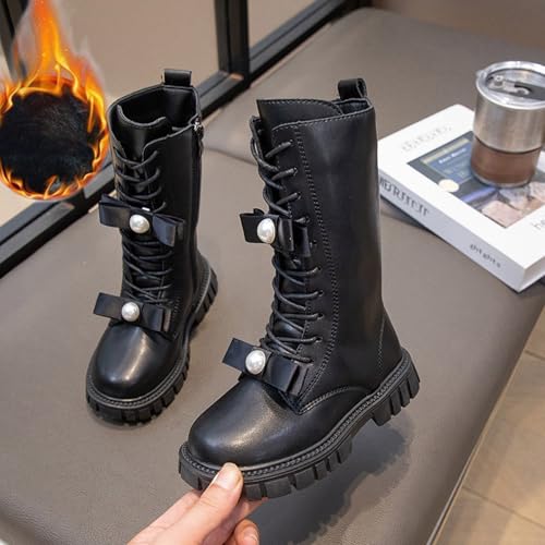 Knee Length Boots for Kids, Girls Lace Up Side Zipper Riding Boots With Bowknot, Winter PU Leather Mid Calf Boots2