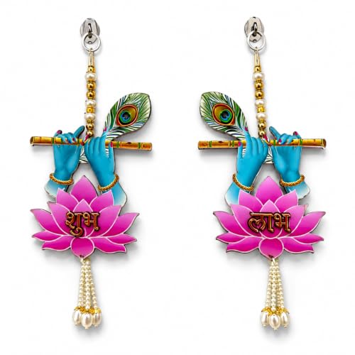 Image of Religious Door Hanging Decor with Pearl Beads & Tassel, Wooden Wall Hanging for Home Temple, Pooja Room, Entrance, Mandir Decoration & Spiritual Gift, Lotus