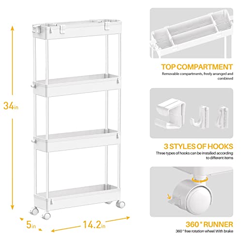 Spacelead Slim Storage Cart 4 Tier,Bathroom Storage Organizer Rolling Utility Cart, Mobile Shelving Unit Slide Out Storage Cart For Office, Bathroom, Kitchen, Laundry Room & Narrow Places， White #TOP3