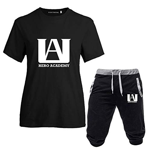 BUBABOX My Hero Academia Shirt and Capri Pants Sets Izuku Midoriya Bakugo Todoroki Cosplay T Shirt Sweatpants Outfits (#03 Black, M)