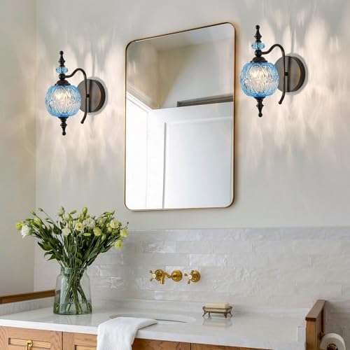Image of Vintage Wall Sconces with Black Finish Bathroom Blue Wall Light Fixtures with Crystal Glass Shade for Bedroom Living Room Kitchen Hallway