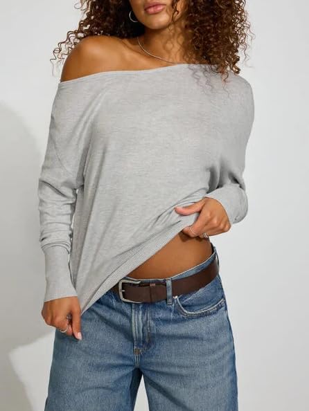 Women Off Shoulder Pullover Sweaters Y2k Long Sleeve Boat Neck Oversized Knit Jumpers Sexy Ribbed Asymmetric Fall Top3