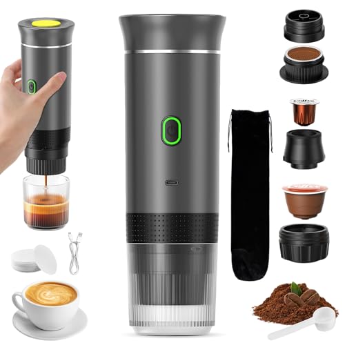 VHV Macchina Caffe Portatile 3 In 1 Macchina Caffe, 3 Minuti Di Auto-Riscaldamento, Caffettiera Elettrica Compatibile con Piccole Capsule, Grandi Capsule, Caffe Macinato, Per Ufficio, Auto (Grigio)