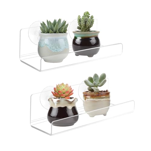 Derlyniupi 2-Pack 6 Clear Acrylic Modern Window Mount Floating Shelf 2 Shelves 2 Inch Depth 5 lbs Max Weight Space Saving No Drilling Suction Cup Bathroom Kitchen Wall