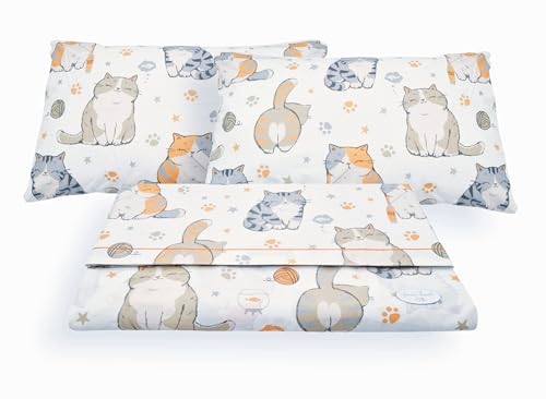 SpazioTessile Completo Letto Set Lenzuola Federe Fantasia Stampa Gatti Cats 100% Cotone (Matrimoniale 180x200)