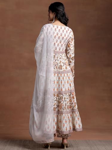 Image of Libas Women Cotton Off White Printed A Line Kurta With Palazzos Dupatta | daily wear suit