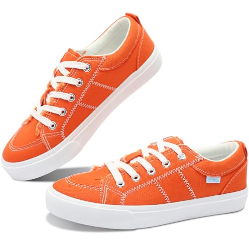 Obtaom Women Canvas Fashion Sneakers Cute Lace up Canvas Shoes Low Top Washed Canvas Flat for Lady(Orange,US8)