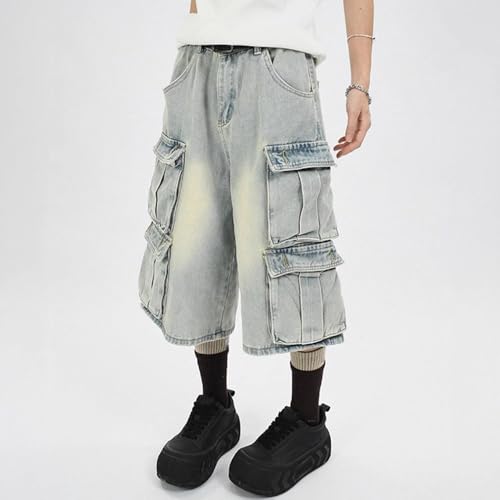 Retro Casual Jeans American high Street Fashion Light Blue Washed Loose Wide Leg Multi Pocket Cargo Pants Unisex3