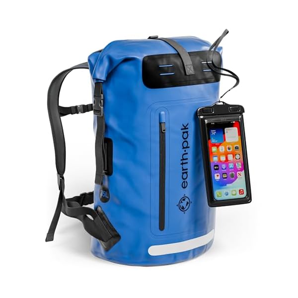 Earth-Pak-Waterproof-Backpack-Heavy-Duty-Hiking-Backpack-Roll-Top-Closure-Waterproof-Bag-Cushioned-Dry-Bags-Waterproof-w-IPX8-Waterproof-Phone-Case-Wet-Bag-for-Hiking-Kayak-Blue-35L Earth Pak Waterproof Backpack - Heavy Duty Hiking Backpack - Roll-Top Closure - Waterproof Bag - Cushioned Dry Bags Waterproof w/ IPX8 Waterproof Phone Case - Wet Bag for Hiking, Kayak (Blue, 35L)