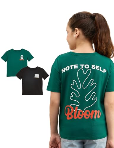 Image of Amazon Brand - Symbol Girls Cotton Strechable Oversized Graphic Printed Half Sleeves T-Shirt | Age 6-14 Years (Combo Pack of 2)
