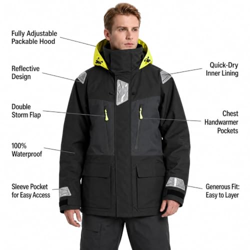 Image of Men's PRO Offshore Sailing Suit, Waterproof Jacket & Bib Pants | 3-Layer Fabric, Hi-Vis Hood, Reinforced Hips And Knees, Adjustable Suspenders, Reflective Safety Details
