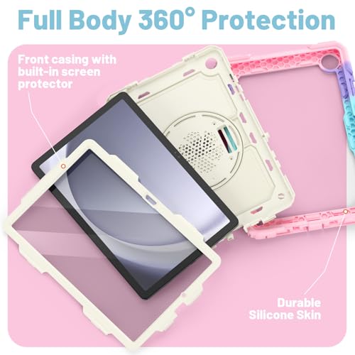 Coque Galaxy Tab A9 Plus抗震防摔带屏幕保护膜360度旋转支架粉迷彩