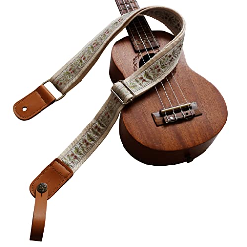 Image of MUSIC FIRST Original Design Vintage Floral Embroidered & Genuine Leather Ukulele Strap Ukulele Shoulder Strap With a MUSIC FIRST Genuine Leather Strap Locker (Creamy White Floral)