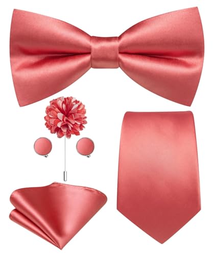 Image of Hi-Tie 5Pcs Mens Solid Color Silk Tie Satin Pretied Bowtie Lapel Pin for Men Handkerchief Cufflink Wedding Gift Box