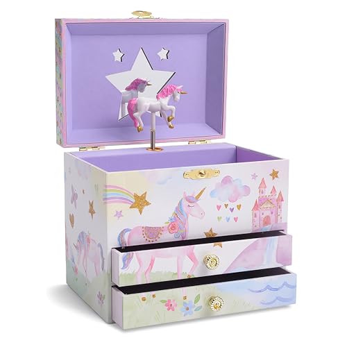 Jewelkeeper Joyero Musical Niña Grande con Unicornio, Arco Iris Y Lentejuela - Caja Musical con 2 Cajones Extraíbles -...