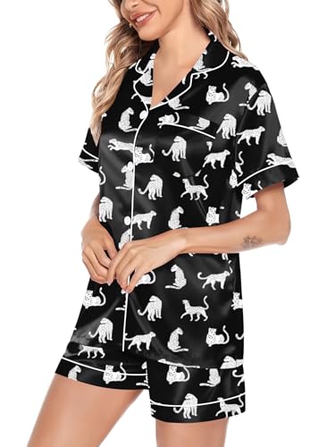 Image of SWOMOG Satin Matching Pajamas Sets Couple Silk Button Down Nightwear Women & Men Short Sleeve Sleepwear 2 Pieces Loungewear