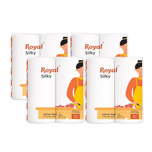 Image of Royal Silky Kitchen Tissue Rolls - 480 Pulls | 60 Kitchen Towels X 8 Rolls| 2-Ply Soft & Strong Kitchen Paper Towel | Highly Absorbent Disposable Kitchen Tissue | 2 rolls x Pack of 4