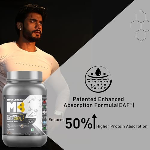 MuscleBlaze Biozyme Iso-Zero, Low Carb Whey Protein Isolate Powder, 27g Isolate Whey Per Scoop (Cookies & Cream, 1kg / 2.2lbs) | USA Patent-Published Enhanced Absorption Formula (EAF)