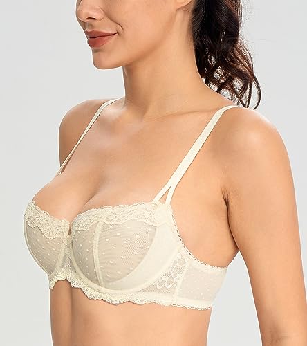 HACI Women's Lace Mesh Balconette Bra Sheer Demi Scoop Neck Plus Size Sexy Full Coverage Unlined Underwire