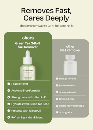 Image of ohora Natural Care Green Tea 3-in-1 Nail Remover 50mL - Non-Acetone, Gentle Moisture-Retaining Formula with Green Tea Extract - For Gel, Press-On & Polish, Smooth Easy Nail Removal