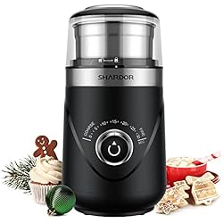 SHARDOR Molinillo Café Eléctrico Tiempo Ajustable, Molino Café Taza Extraible Semillas Especias Cereales con Cuchillas Acero Inoxidable Molienda Uniforme Fácil de Limpiar Libre de BPA