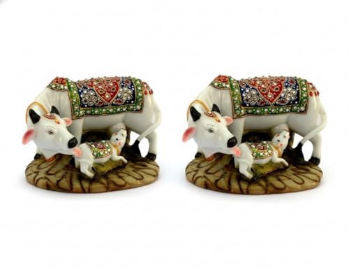 Image of JIYANSH Creation Kamdhenu Cow Calf Statue - Marble Dust Polyresin Vastu Showpiece for Home Temple Pooja Room - Handcrafted Figurine Gift (White Gold, 6 Inch)
