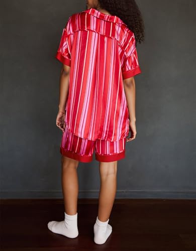 Image of Women Silk Pajamas Floral Satin 2 Piece Pajama Sets | Button Down Short Sleeve Shirt and Elastic High Waist Shorts, Vintage 2Pcs Pj Sets, Two Piece Lounge Set, Elegant Sleepwear