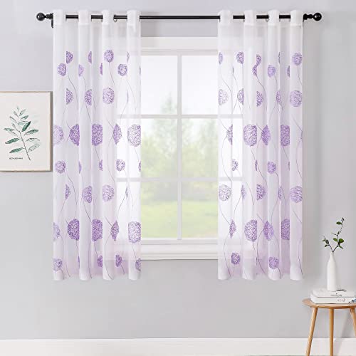 MIULEE Embroidery Sheer Curtains Flora Design Grommet Window Curtain Semi Voile Drapes Panels with Eyelets Window Treatments for Living Room Bedroom 2 Panels 55" W x 69" L Purple