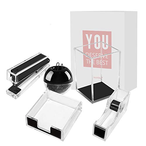 Clear Black Acrylic Office Supplies Desk Organizer Set Stapler, Tape Dispenser, Sticky Notes Tray, Magnetic Paper Clips Dispenser, Pen Holder Desktop Accessories Organization