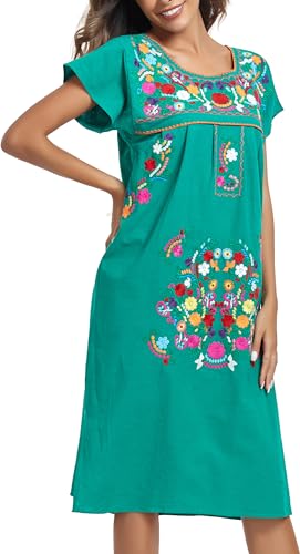 Image of YZXDORWJ Women Mexican Embroidered Long Dress Ruffle Collar Maxi Boho Floral Summer Short Sleeve
