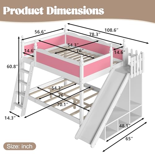 Image of Bellemave Bunk beds Full Over Full with Slide and Stair, Low bunk /loft Bed for Kids,Pink and White