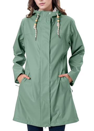 EnduaReve Regenmantel Damen Übergangsjacke PU Wasserdicht Frauen Regenjacke Lang Parka Regenparka mit Kapuze Outdoor grün L
