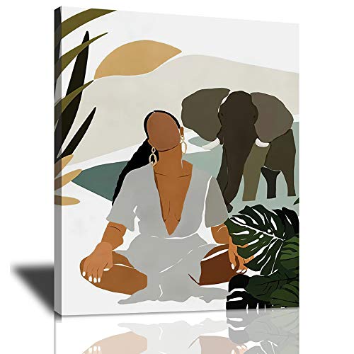 African American Canvas Wall Art Black Girl And Elephant Poster For Wall Prints Giclee Modern Minimalist Woman Artwork Framed Wall Decorations For Bedroom Living Room Ready To Hang 12x16 Inches