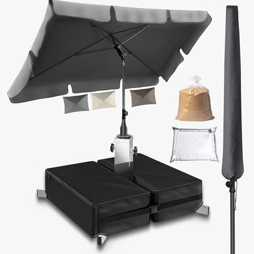 4smile Sonnenschirm rechteckig 200x125cm + Sonnenschirmständer + Schirmhülle - Sonnenschutz Balkon Set 3-teilig, Sonnenschirm Balkon mit Ständer - Balkonschirm knickbar höhenverstellbar, Anthrazit