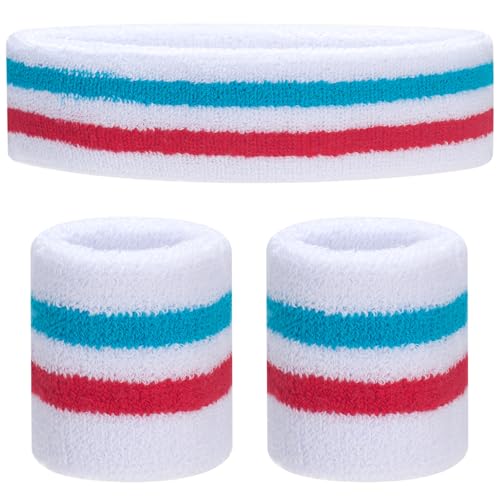 ONUPGO Kids Sweatbands Toddler Headband Wristband Set - Athletic Cotton Baby Sweat Band for Kids Youth Baby (1 Headband + 2 Wristbands) (White/Red/Sky Blue)