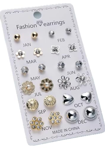 Image of 12 Pairs Trendy Stud Earrings Set with Crystal and Pearl, Heart, Flower, Star and Geometric Styles